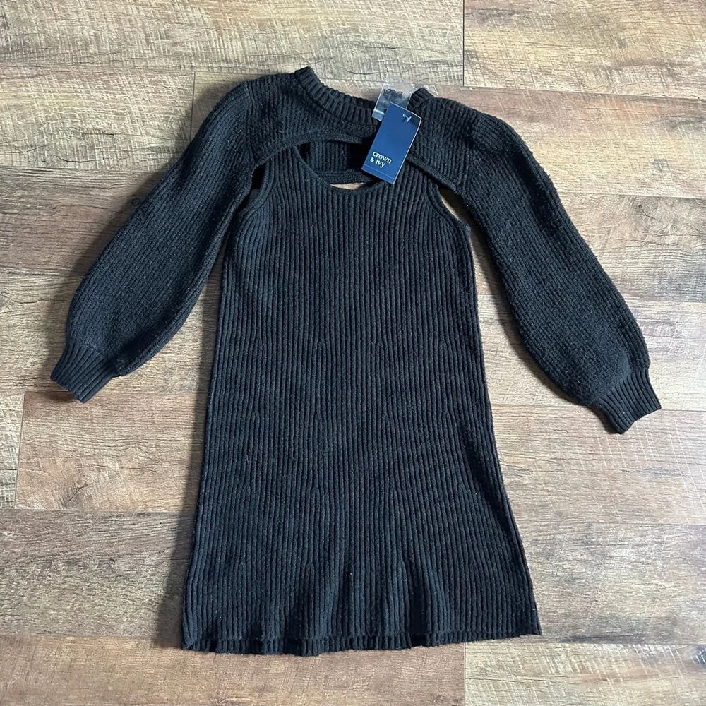 Girls Crown & Ivy Black Ribbed Cutout Sweater Dress M